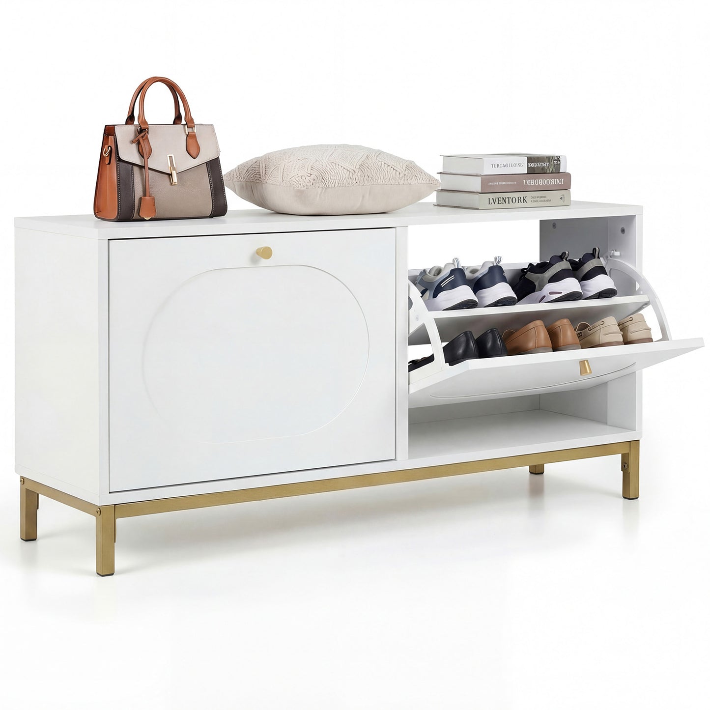 Shoe Storage Bench Narrow Entryway Bench with 2 Flip Drawers Adjustable Shelves, White Shoe Racks & Storage Benches White at Gallery Canada