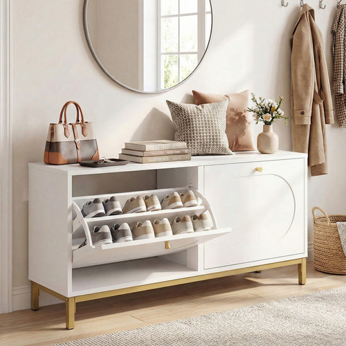 Shoe Storage Bench Narrow Entryway Bench with 2 Flip Drawers Adjustable Shelves, White