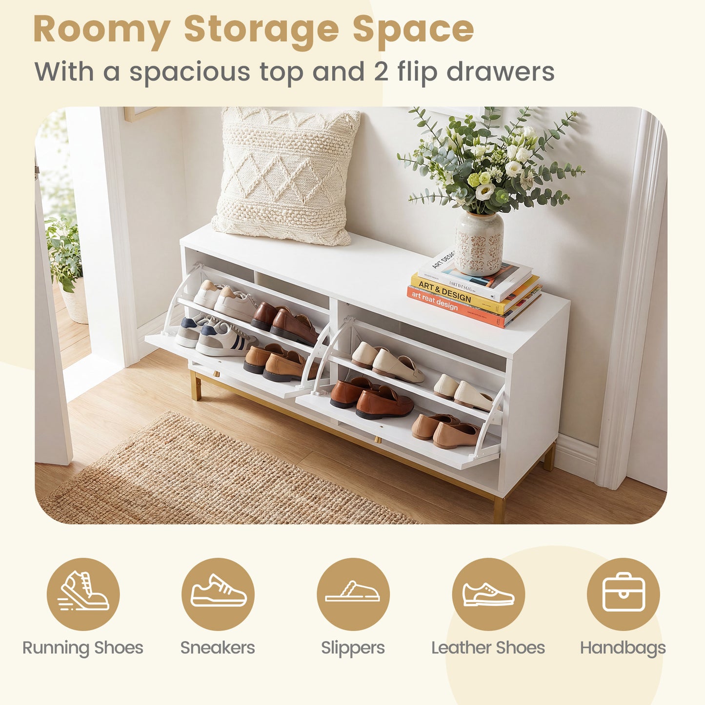 Shoe Storage Bench Narrow Entryway Bench with 2 Flip Drawers Adjustable Shelves, White Shoe Racks & Storage Benches at Gallery Canada