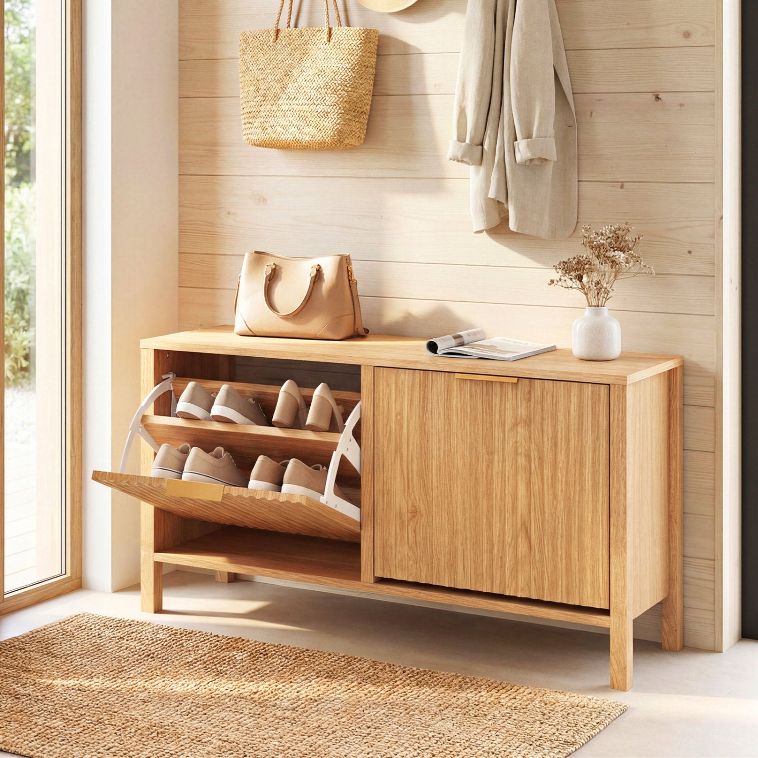 Shoe Storage Bench Narrow Wooden Entryway Bench with 2 Flip Drawers, Brown Shoe Racks & Storage Benches at Gallery Canada