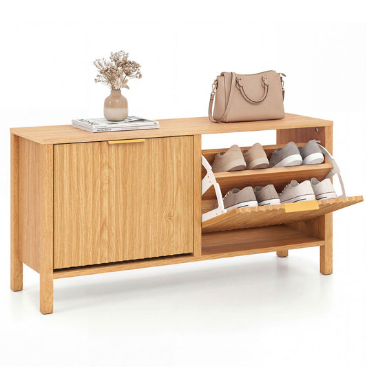 Shoe Storage Bench Narrow Wooden Entryway Bench with 2 Flip Drawers, Brown Shoe Racks & Storage Benches Brown at Gallery Canada