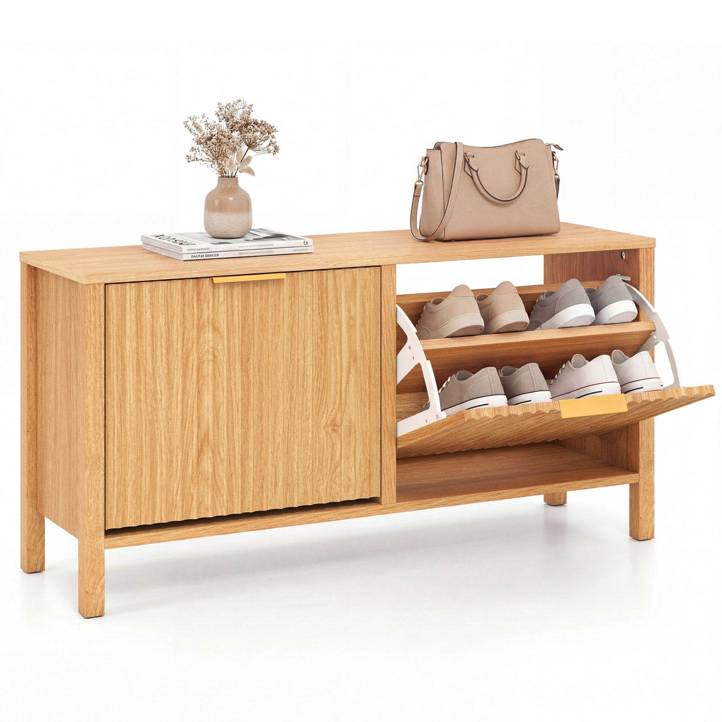 Shoe Storage Bench Narrow Wooden Entryway Bench with 2 Flip Drawers, Brown Shoe Racks & Storage Benches at Gallery Canada