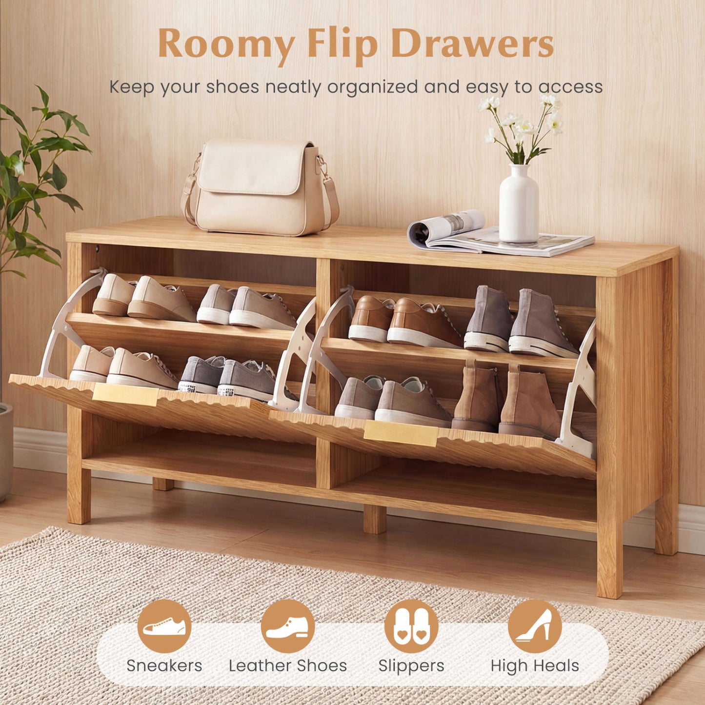 Shoe Storage Bench Narrow Wooden Entryway Bench with 2 Flip Drawers, Brown Shoe Racks & Storage Benches at Gallery Canada