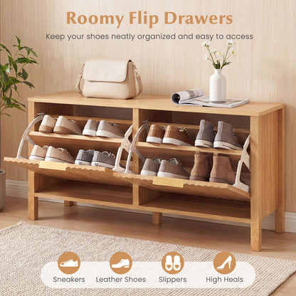 Shoe Storage Bench Narrow Wooden Entryway Bench with 2 Flip Drawers, Brown Shoe Racks & Storage Benches at Gallery Canada