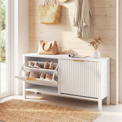 Shoe Storage Bench Narrow Wooden Entryway Bench with 2 Flip Drawers, White Shoe Racks & Storage Benches at Gallery Canada