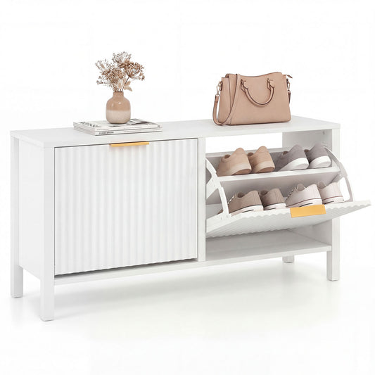 Shoe Storage Bench Narrow Wooden Entryway Bench with 2 Flip Drawers, White Shoe Racks & Storage Benches White at Gallery Canada