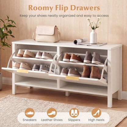 Shoe Storage Bench Narrow Wooden Entryway Bench with 2 Flip Drawers, White Shoe Racks & Storage Benches at Gallery Canada