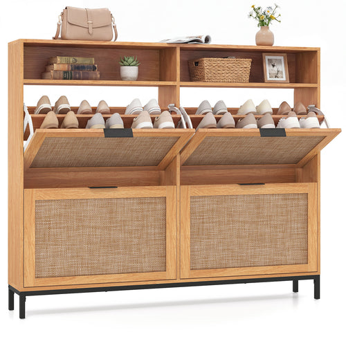 Shoe Storage Cabinet, 4 Flip Drawers, Adjustable Shelves, Natural
