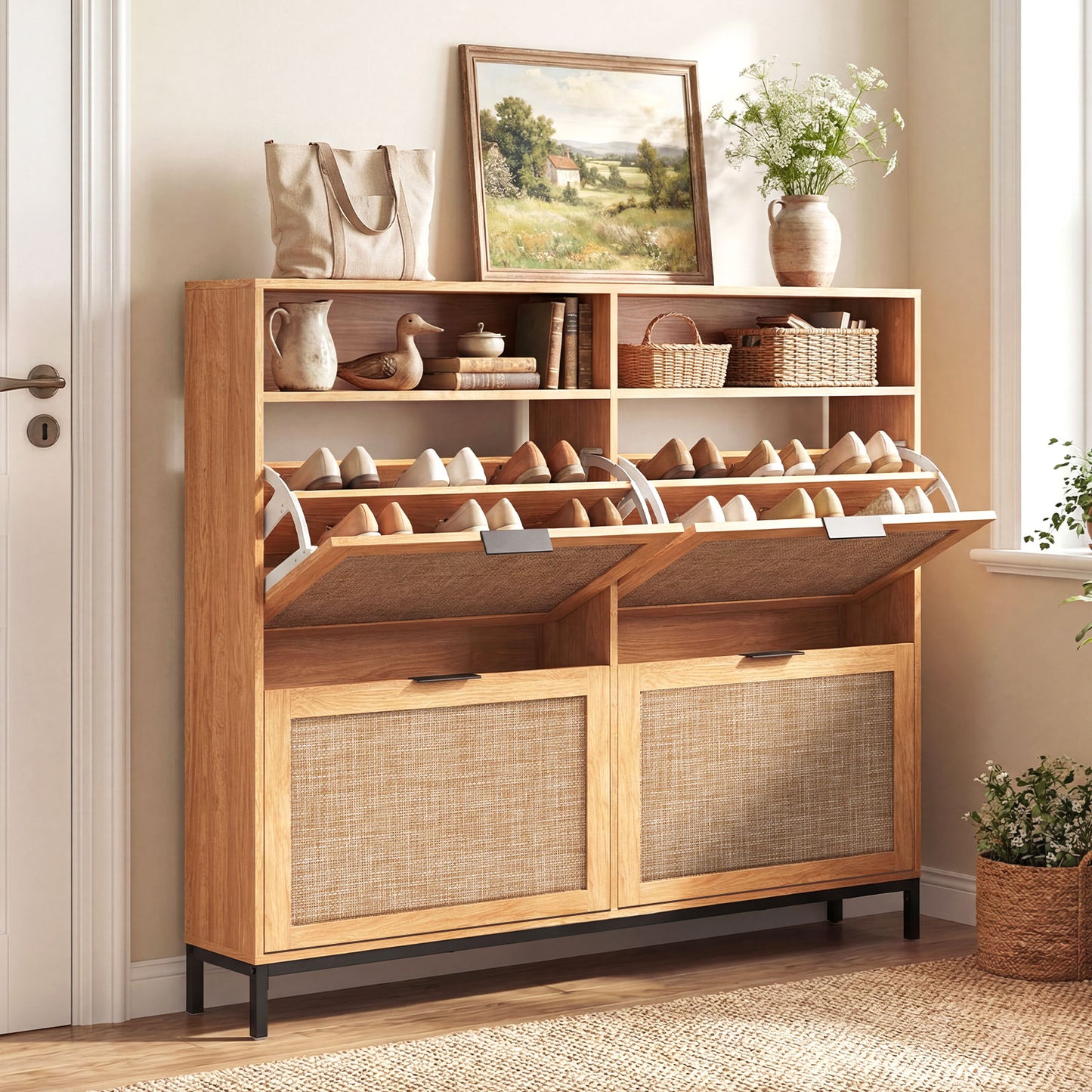 Shoe Storage Cabinet, 4 Flip Drawers, Adjustable Shelves, Natural Shoe Racks & Storage Benches at Gallery Canada