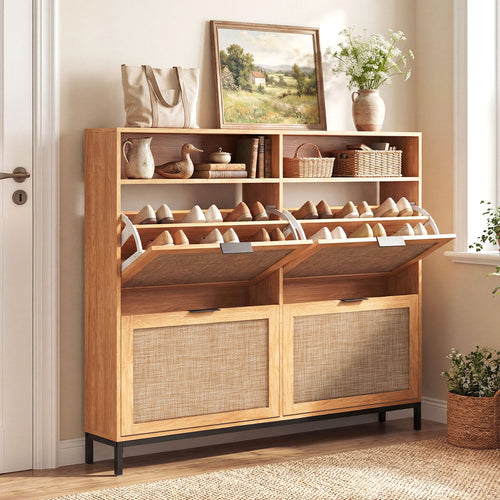 Shoe Storage Cabinet, 4 Flip Drawers, Adjustable Shelves, Natural