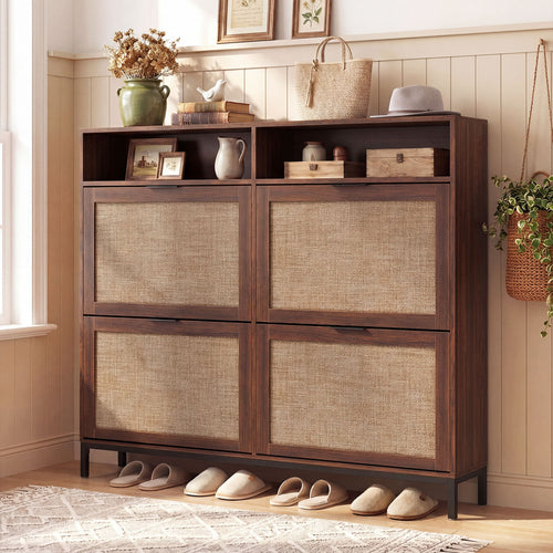 Shoe Storage Cabinet, 4 Flip Drawers, Adjustable Shelves, Natural