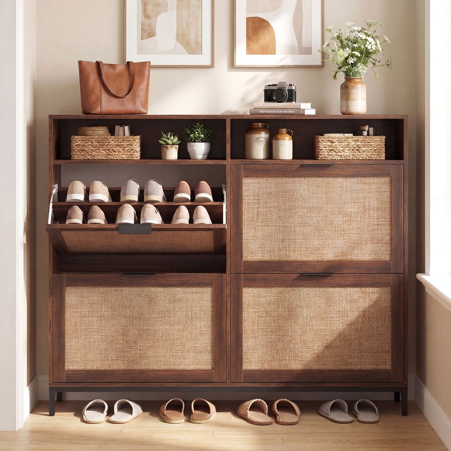Shoe Storage Cabinet, 4 Flip Drawers, Adjustable Shelves, Natural Shoe Racks & Storage Benches at Gallery Canada
