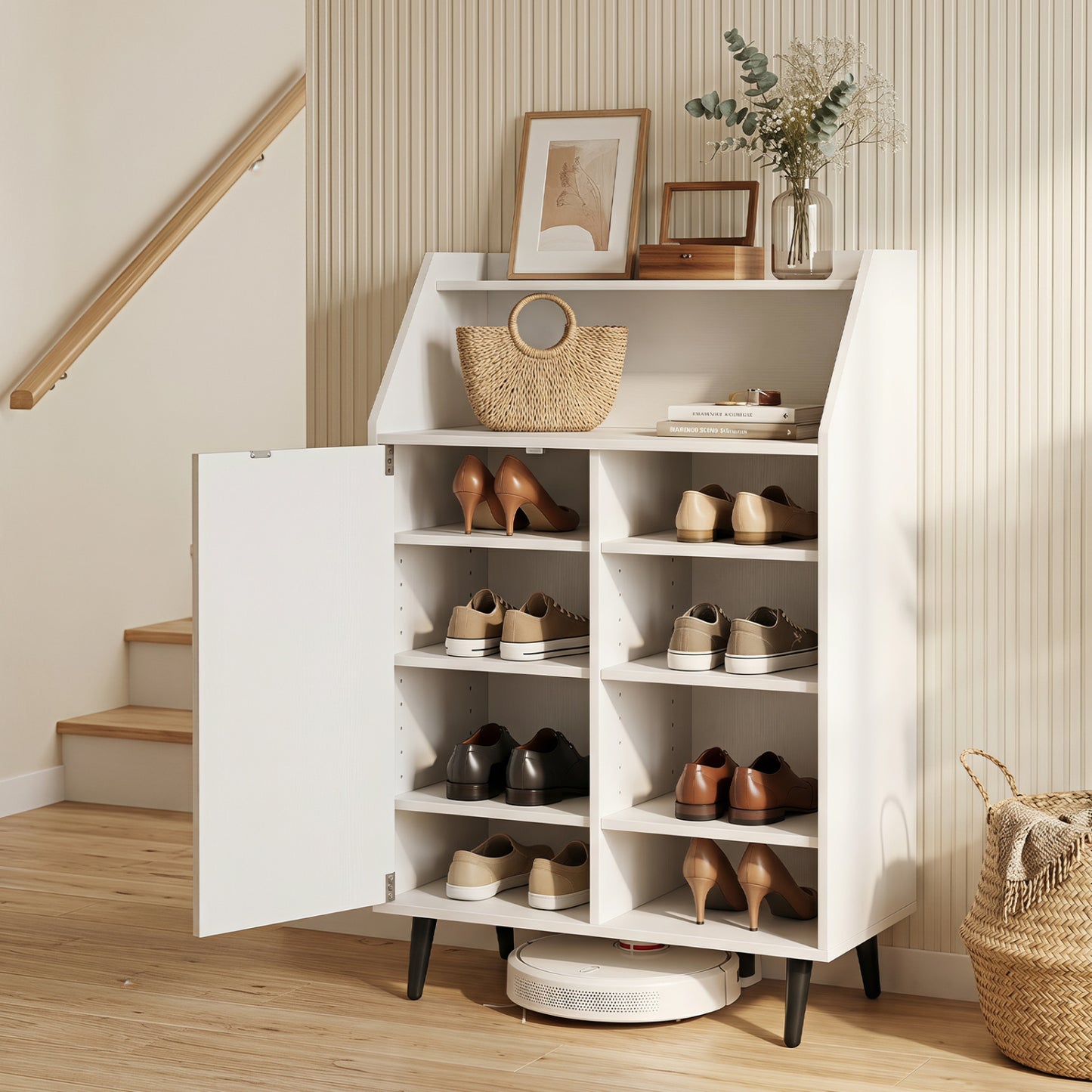 Shoe Storage Cabinet with 2-Tier Open Compartment and 4-Tier Adjustable Shelf, White
