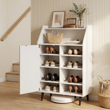 Shoe Storage Cabinet with 2-Tier Open Compartment and 4-Tier Adjustable Shelf, White