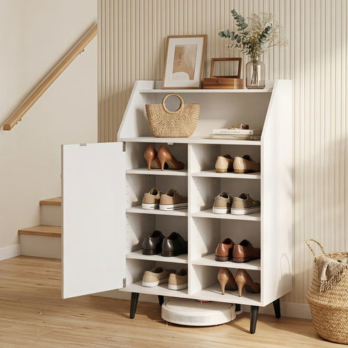 Shoe Storage Cabinet with 2-Tier Open Compartment and 4-Tier Adjustable Shelf, White