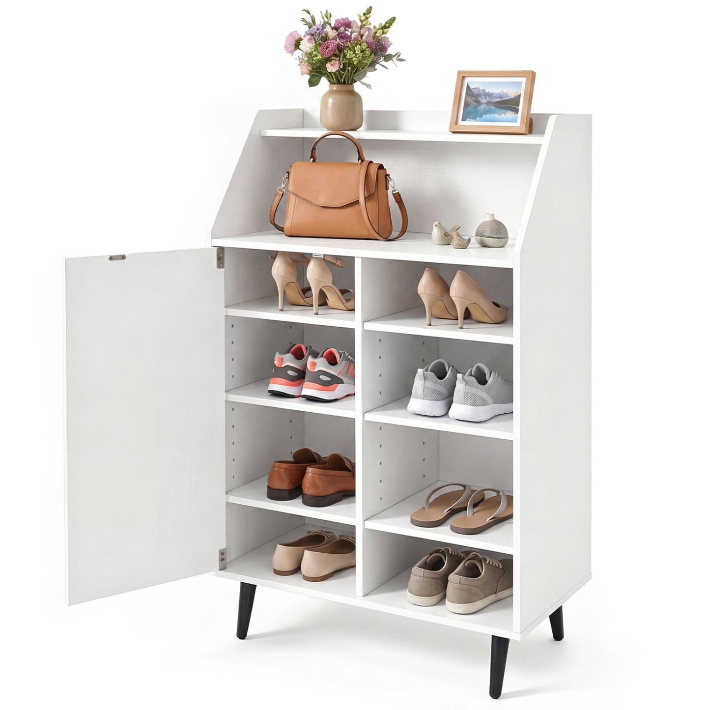 Shoe Storage Cabinet with 2-Tier Open Compartment and 4-Tier Adjustable Shelf, White