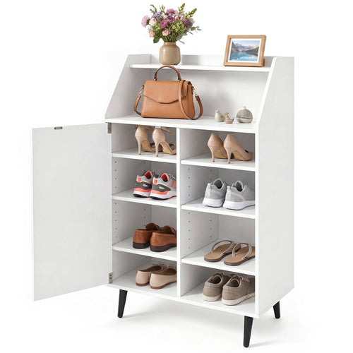 Shoe Storage Cabinet with 2-Tier Open Compartment and 4-Tier Adjustable Shelf, White