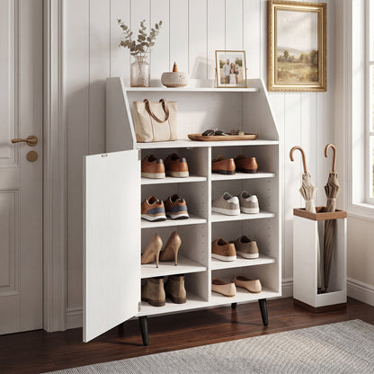 Shoe Storage Cabinet with 2-Tier Open Compartment and 4-Tier Adjustable Shelf, White
