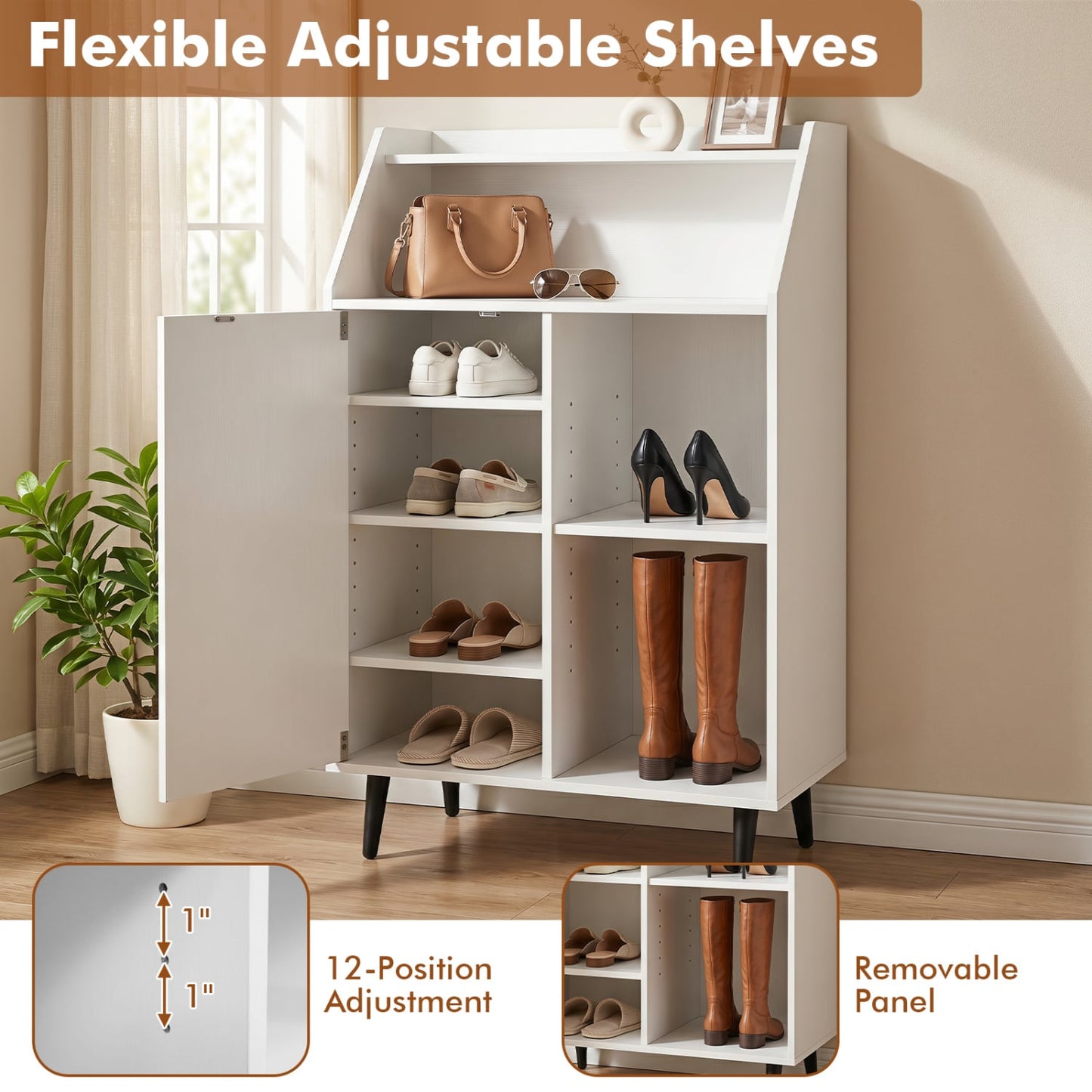 Shoe Storage Cabinet with 2-Tier Open Compartment and 4-Tier Adjustable Shelf, White
