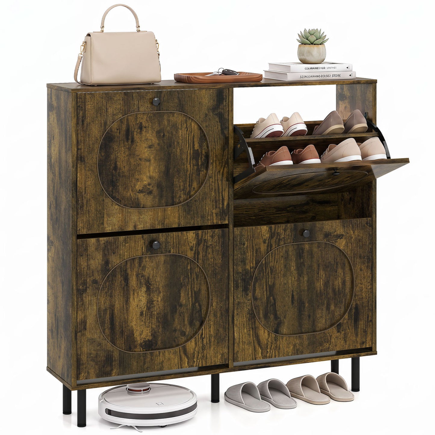 Armoire de rangement pour chaussures, 4 tiroirs basculants, pieds en aluminium, marron rustique