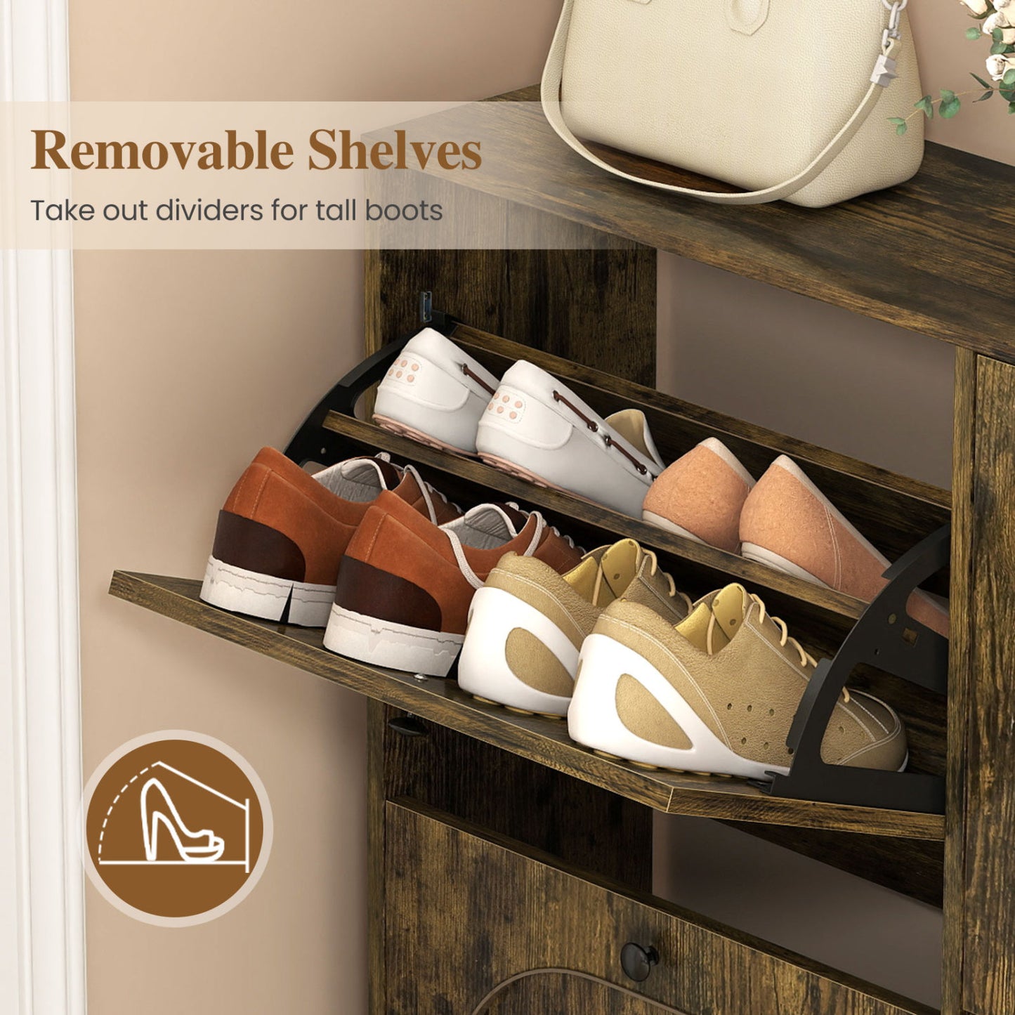 Armoire de rangement pour chaussures, 4 tiroirs basculants, pieds en aluminium, marron rustique