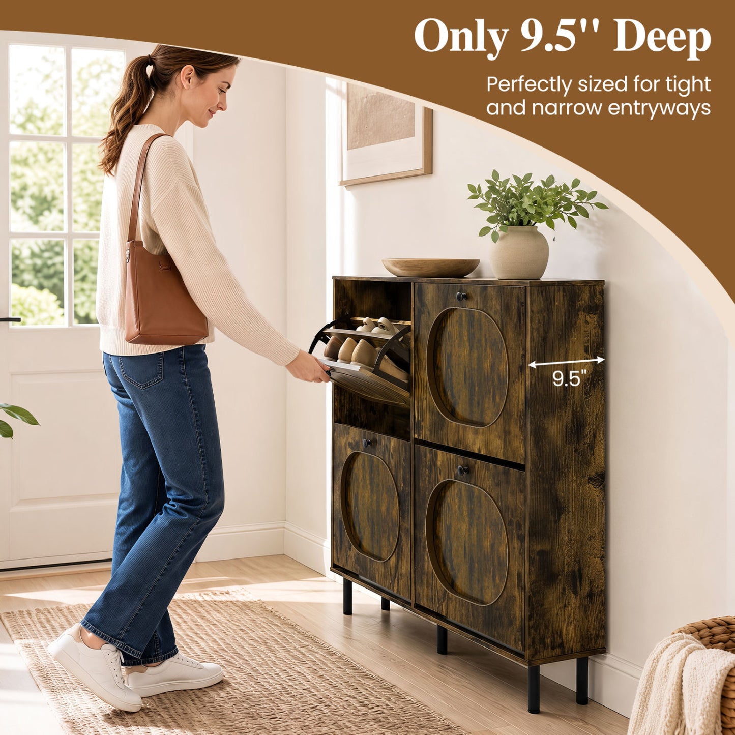 Armoire de rangement pour chaussures, 4 tiroirs basculants, pieds en aluminium, marron rustique