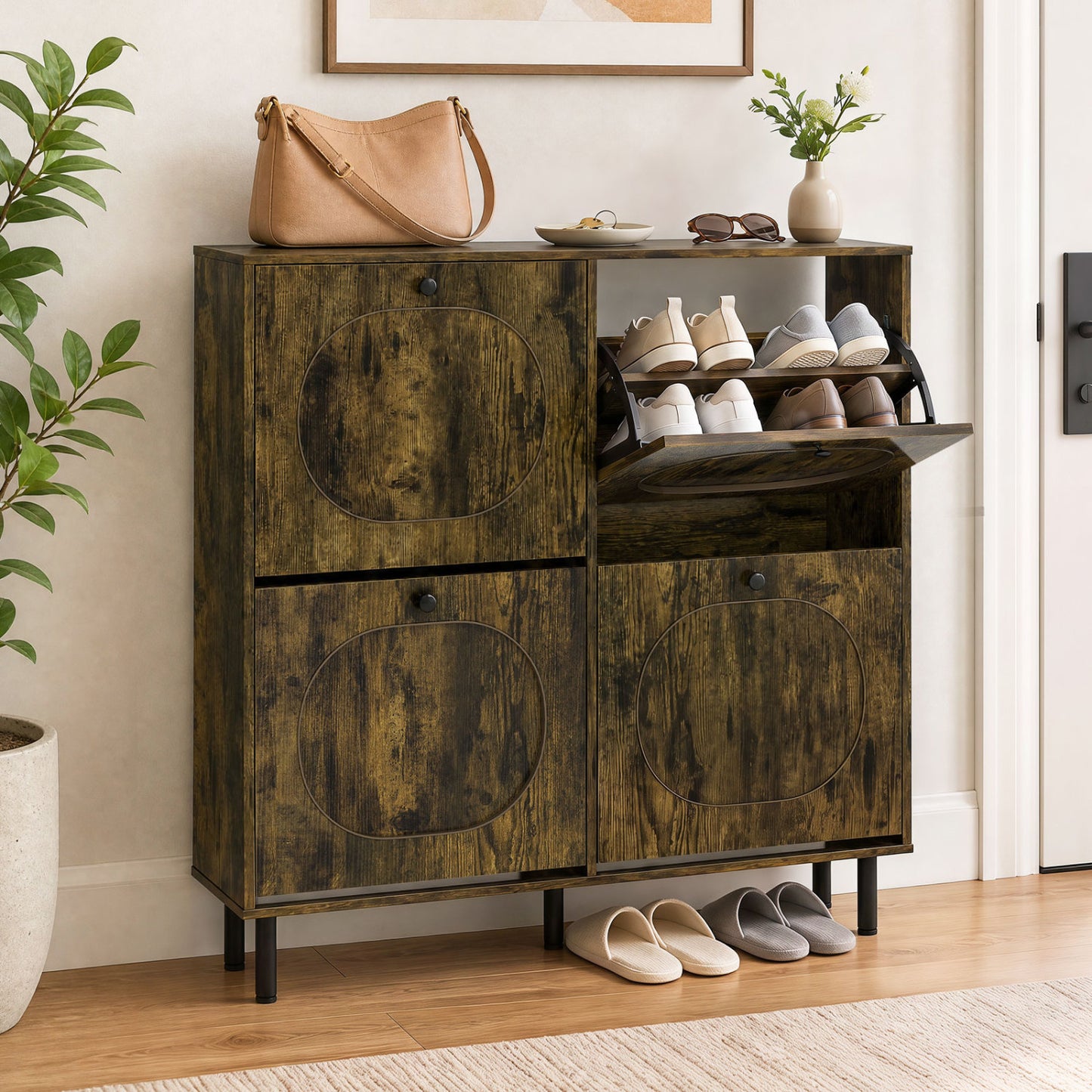 Armoire de rangement pour chaussures, 4 tiroirs basculants, pieds en aluminium, marron rustique