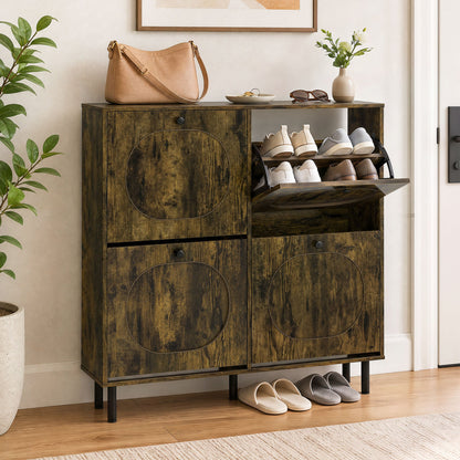 Armoire de rangement pour chaussures, 4 tiroirs basculants, pieds en aluminium, marron rustique