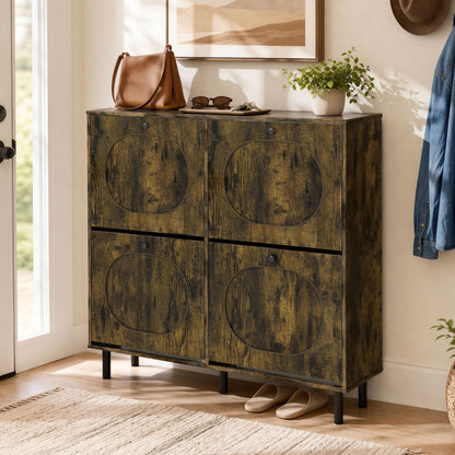 Armoire de rangement pour chaussures, 4 tiroirs basculants, pieds en aluminium, marron rustique
