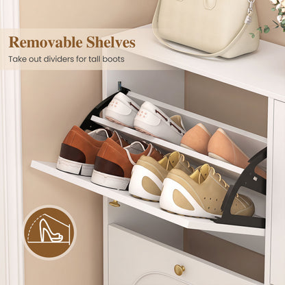 Shoe Storage Cabinet, 4 Flip Drawers, White