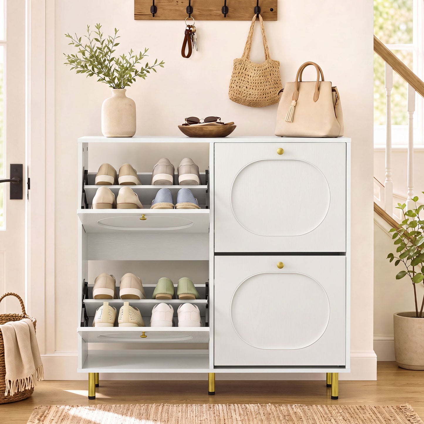 Shoe Storage Cabinet, 4 Flip Drawers, White