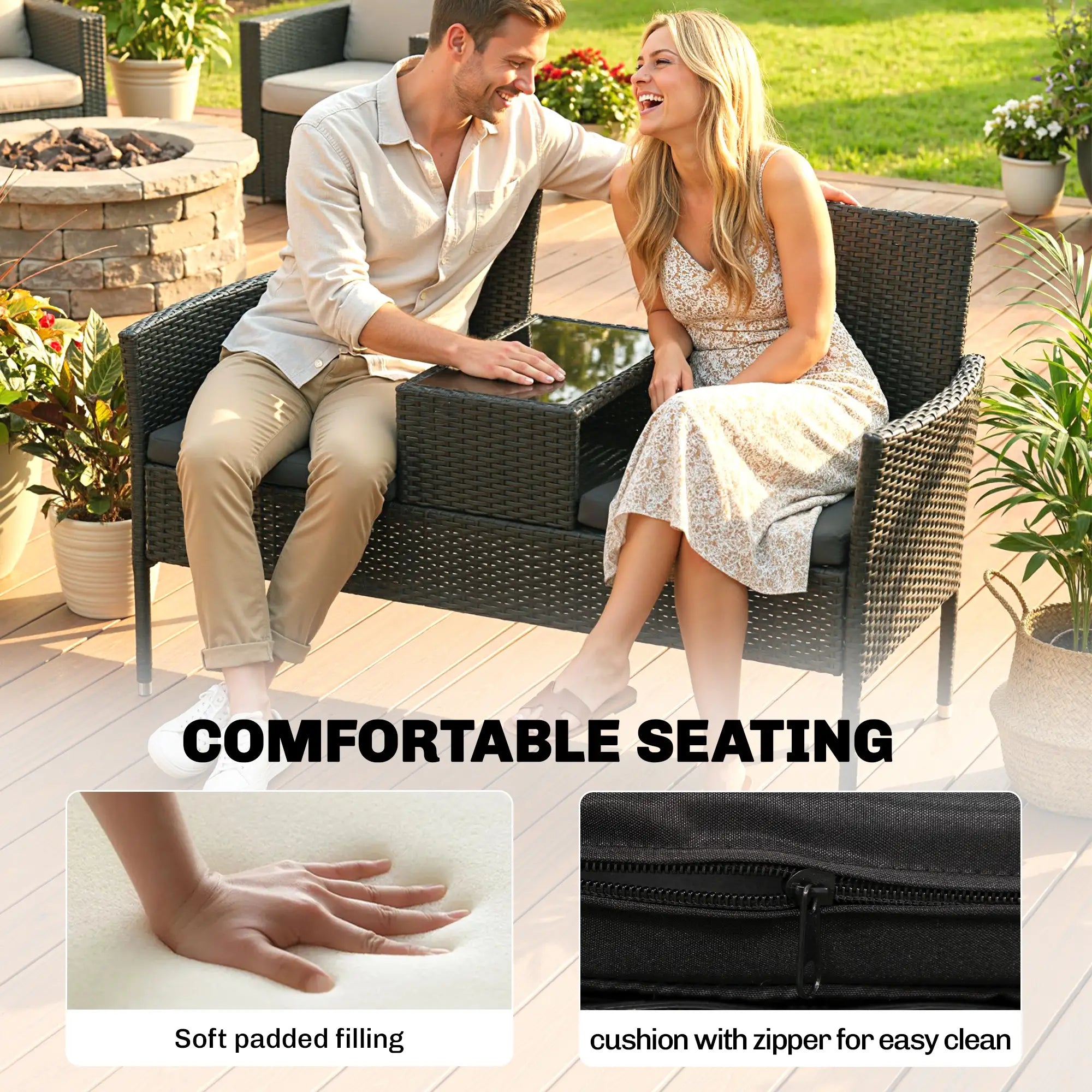 PE Rattan Loveseat with Cushion, Mid-Table, Black Patio Chairs at Gallery Canada