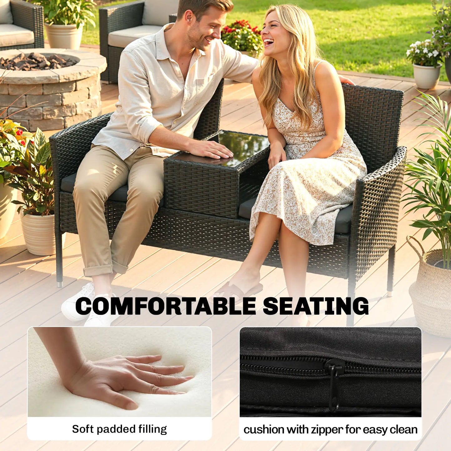 PE Rattan Loveseat with Cushion, Mid-Table, Black Patio Chairs at Gallery Canada