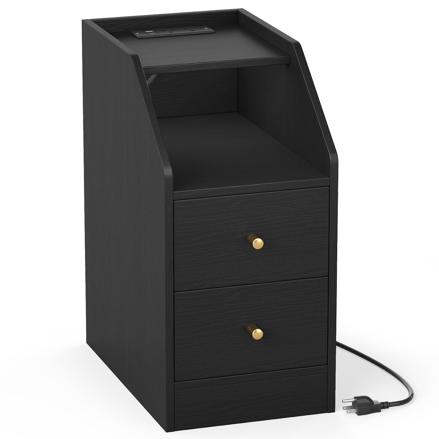 Side End Table with Charging Station Sofa Couch Table with Shelf Drawers, Black