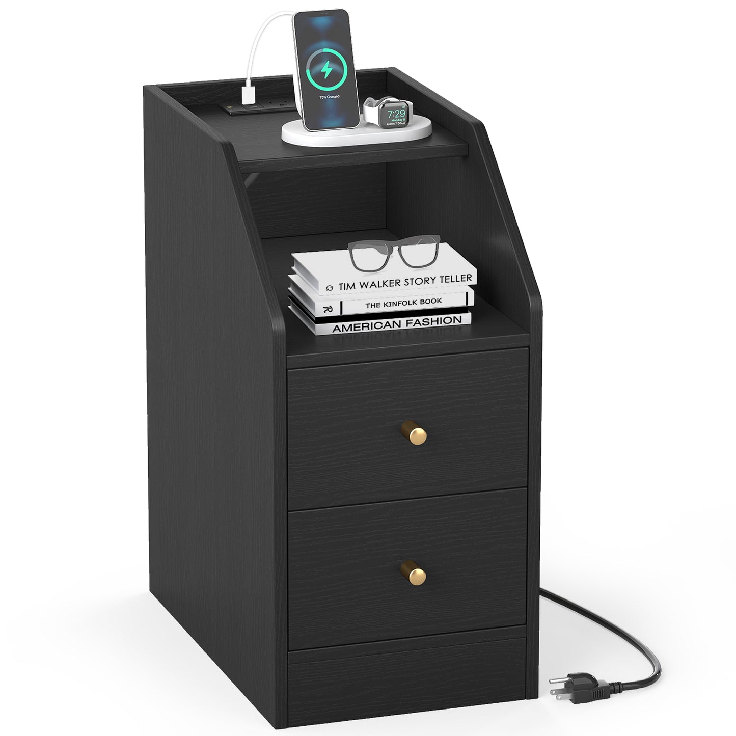 Side End Table with Charging Station Sofa Couch Table with Shelf Drawers, Black