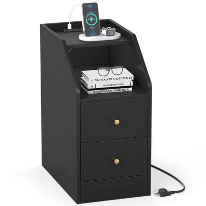 Side End Table with Charging Station Sofa Couch Table with Shelf Drawers, Black