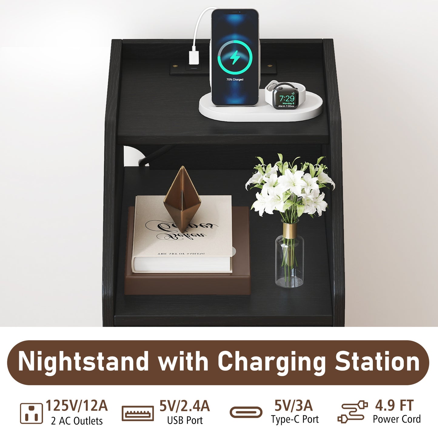 Side End Table with Charging Station Sofa Couch Table with Shelf Drawers, Black