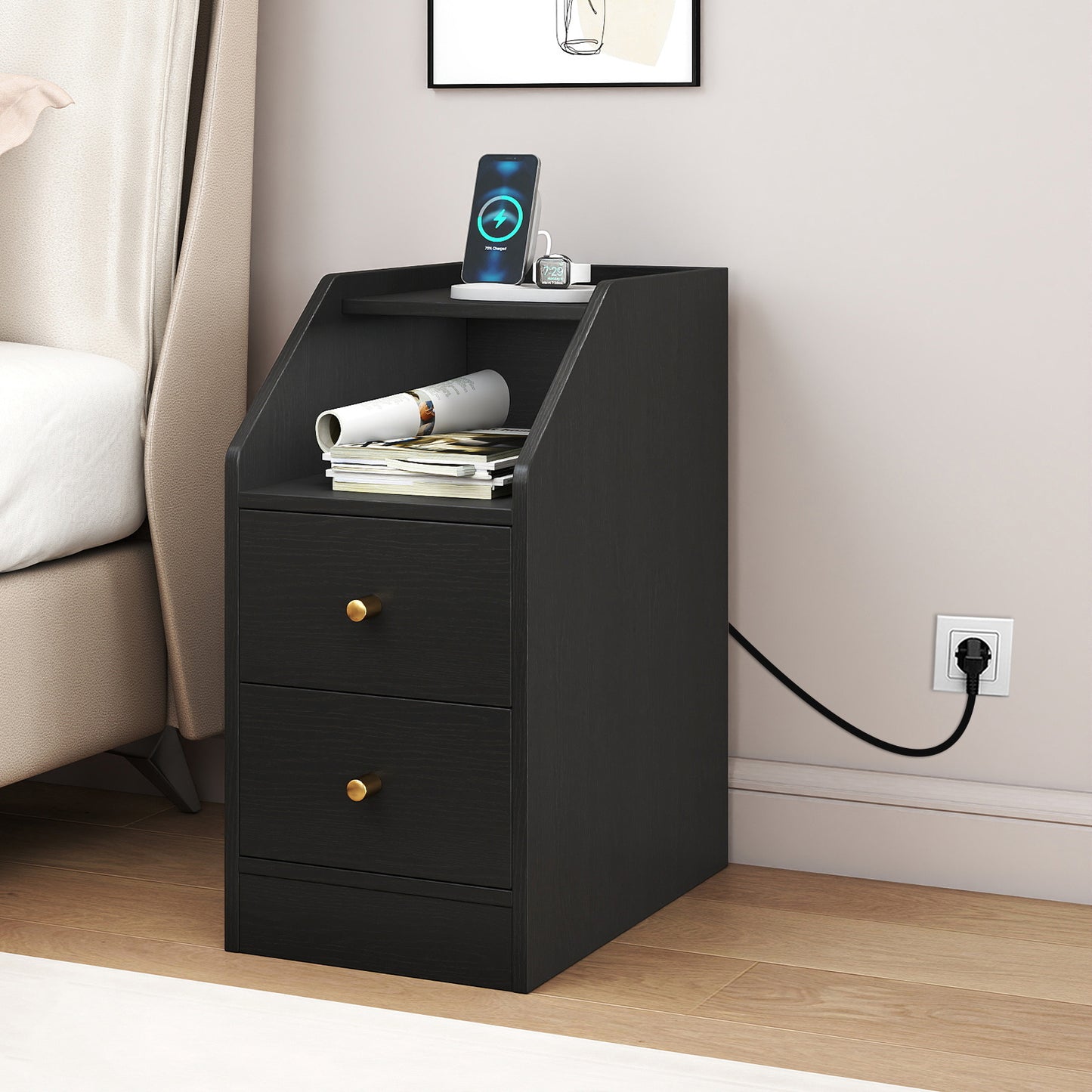 Side End Table with Charging Station Sofa Couch Table with Shelf Drawers, Black