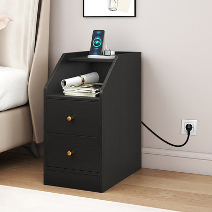 Side End Table with Charging Station Sofa Couch Table with Shelf Drawers, Black