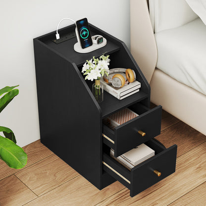 Side End Table with Charging Station Sofa Couch Table with Shelf Drawers, Black