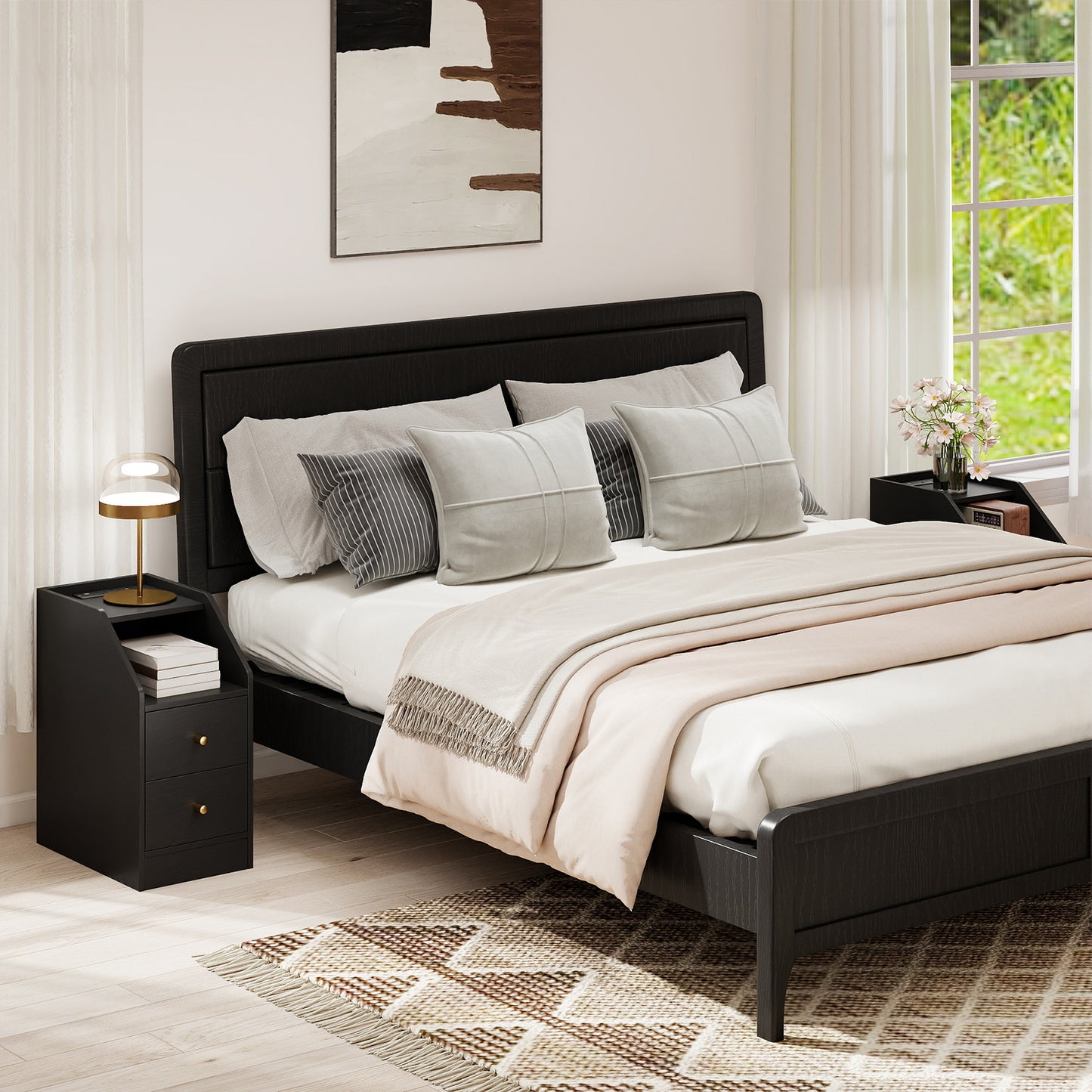 Side End Table with Charging Station Sofa Couch Table with Shelf Drawers, Black