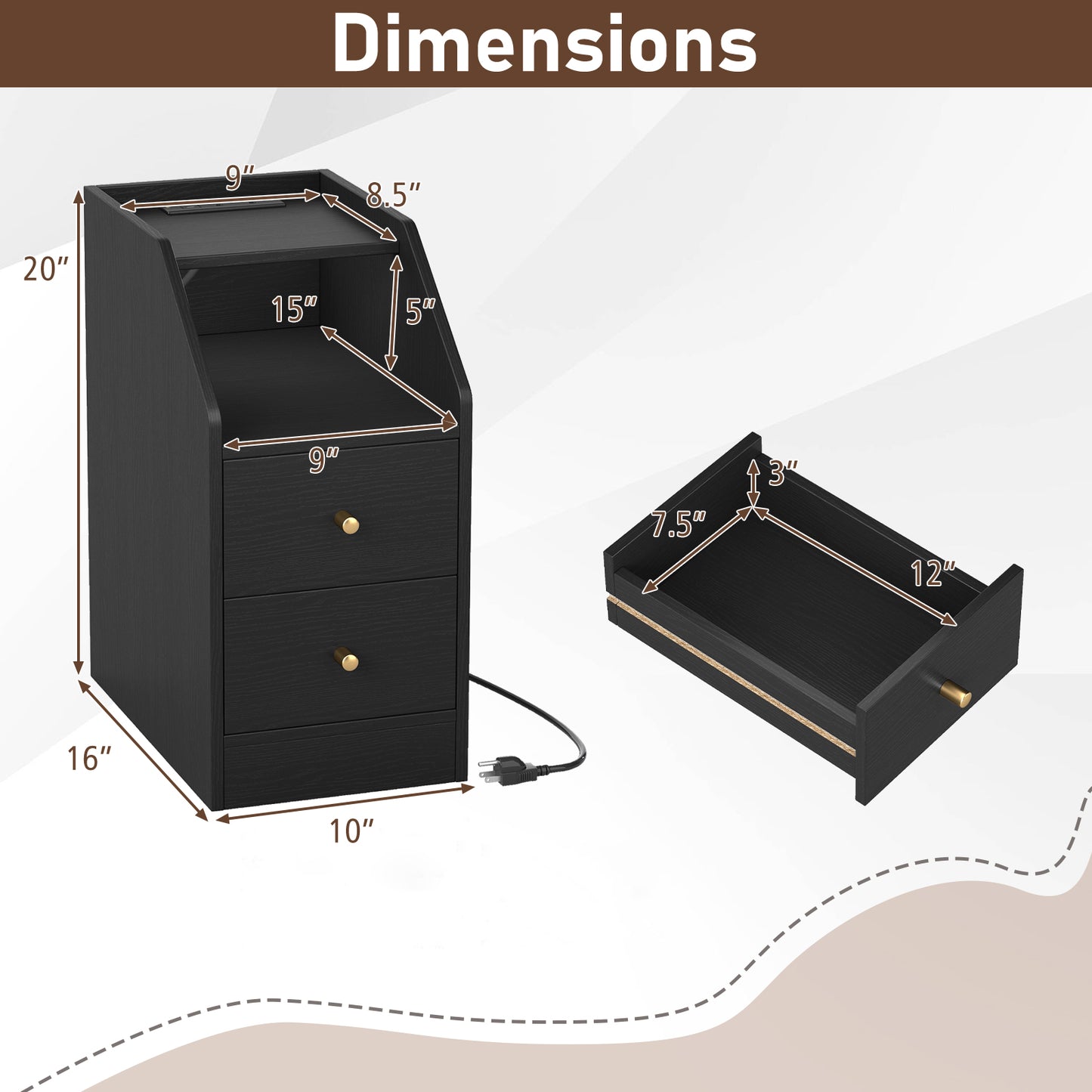 Side End Table with Charging Station Sofa Couch Table with Shelf Drawers, Black