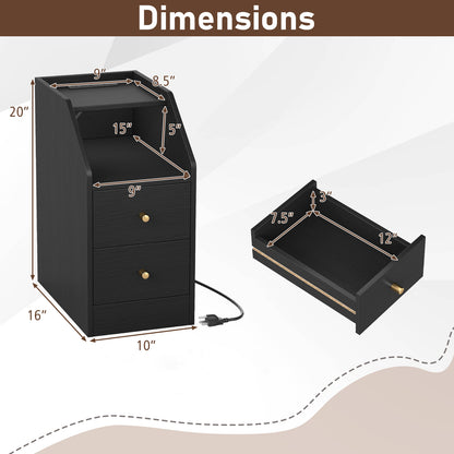 Side End Table with Charging Station Sofa Couch Table with Shelf Drawers, Black