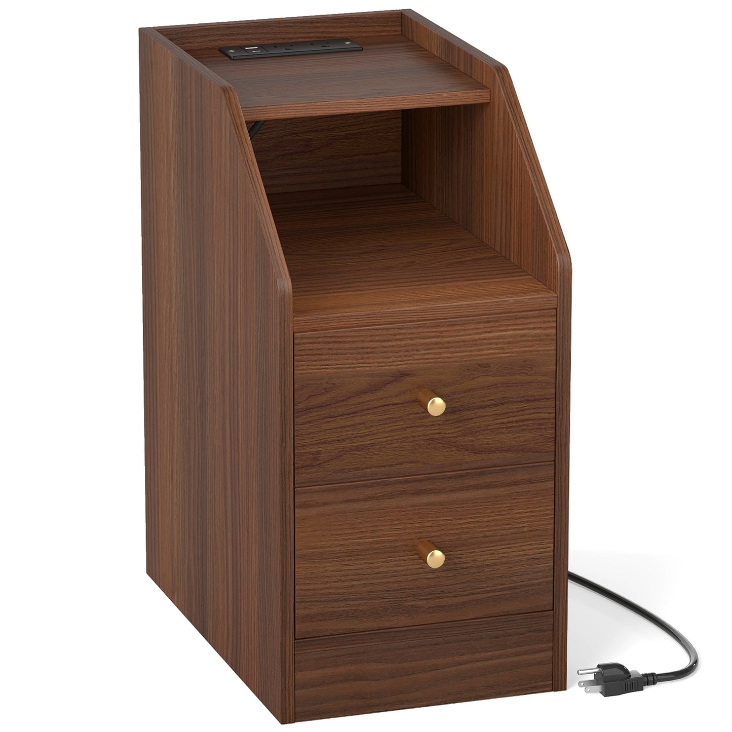 Side End Table with Charging Station Sofa Couch Table with Shelf Drawers, Walnut