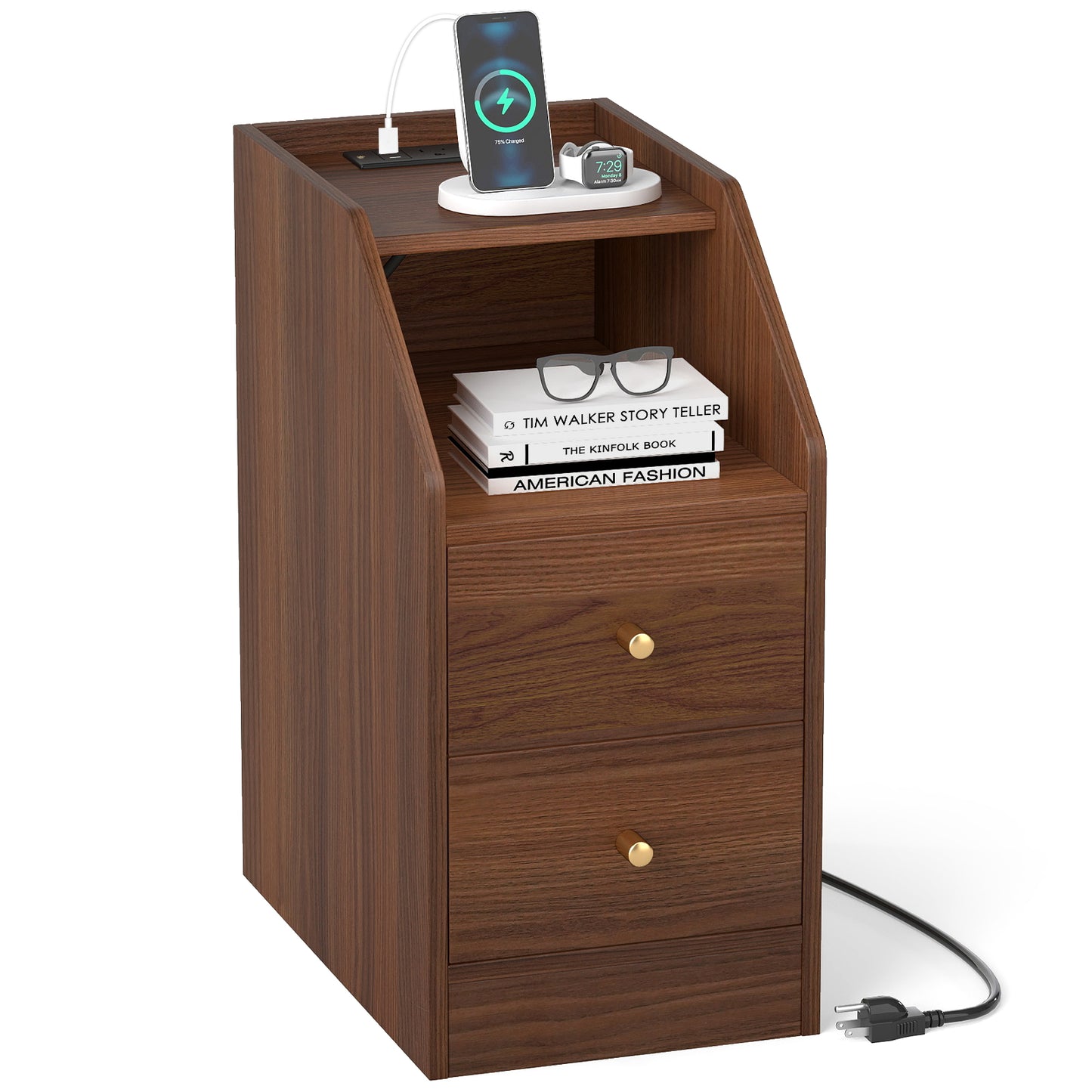 Side End Table with Charging Station Sofa Couch Table with Shelf Drawers, Walnut