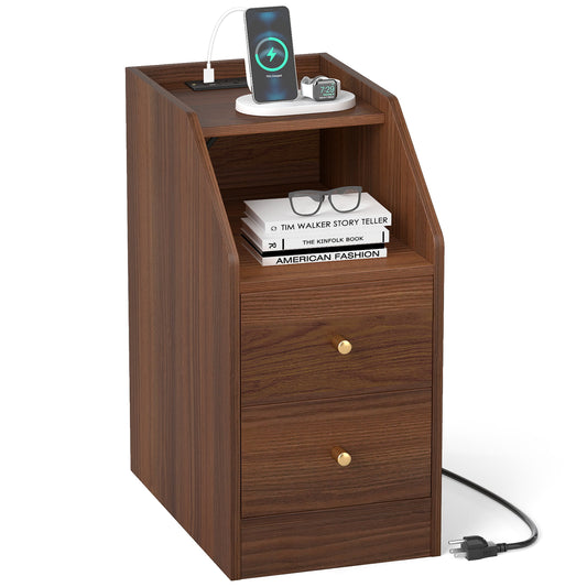 Side End Table with Charging Station Sofa Couch Table with Shelf Drawers, Walnut