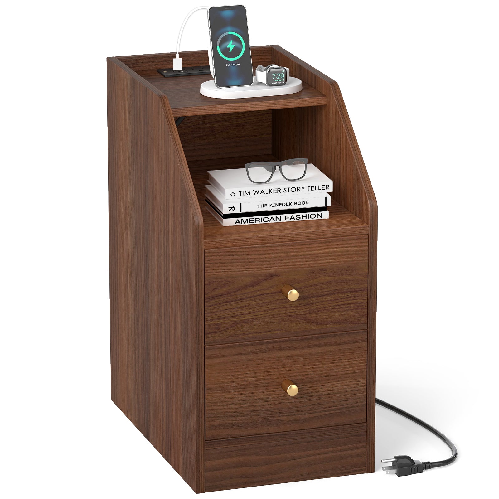 Side End Table with Charging Station Sofa Couch Table with Shelf Drawers, Walnut End & Side Tables Walnut at Gallery Canada