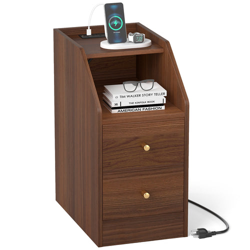 Side End Table with Charging Station Sofa Couch Table with Shelf Drawers, Walnut