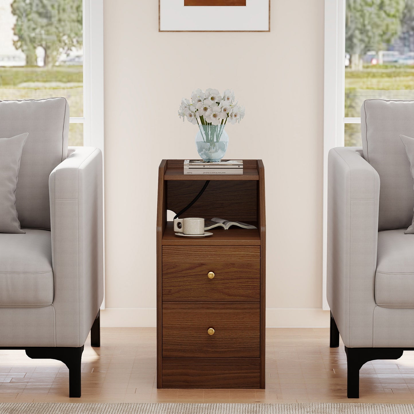 Side End Table with Charging Station Sofa Couch Table with Shelf Drawers, Walnut
