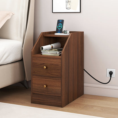 Side End Table with Charging Station Sofa Couch Table with Shelf Drawers, Walnut
